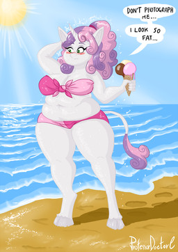 5_fingers aged_up anthro anthrofied beach big_breasts bikini blush breasts cleavage clothed clothing day dessert dialogue female fingers food green_eyes hair hooves horn ice_cream ice_cream_cone outside overweight overweight_anthro overweight_female ponytail purple_hair seaside slightly_chubby slightly_chubby_female solo sun swimwear text thick_thighs two-piece_swimsuit white_body wide_hips professordoctorc friendship_is_magic hasbro my_little_pony mythology sweetie_belle_(mlp) equid equine mammal mythological_creature mythological_equine unicorn english_text