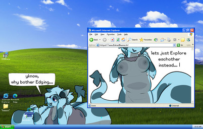 anthro apode big_breasts blue_body blue_fur bottomless breasts clothed clothing clothing_lift computer cursor dialogue electronics female fur legless lying nipples offering_to_viewer on_front presenting presenting_breasts raised_clothing raised_topwear serpentine shirt shirt_lift solo speech_bubble spots standing text topless topwear topwear_only window_(computing) ovenbakedbeans microsoft microsoft_windows windows_xp beans_(ovenbakedbeans) digital_creature draconcopode naga reptile scalie snake colored english_text hi_res