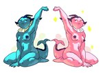 anthro breasts duo female genitals nipples nude one_eye_closed pocketofrye pussy simple_background sitting small_breasts sparkles tail nintendo pokemon eeveelution generation_1_pokemon pokemon_(species) shiny_pokemon vaporeon
