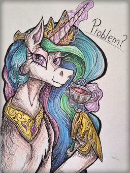 beverage container cup female feral hair holding_laugh horn jewelry looking_at_viewer multicolored_hair purple_eyes solo tea tea_cup using_magic white_body wings deidad_dissitum friendship_is_magic hasbro my_little_pony mythology princess_celestia_(mlp) equid equine horse mammal mythological_creature mythological_equine pony winged_unicorn hi_res traditional_media_(artwork)
