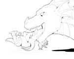 anthro bodily_fluids clothed_prey drooling duo forced long_tongue looking_at_prey male male/male nervous_smile open_mouth oral_vore saliva saliva_string size_difference teeth thief tongue tongue_out unwilling_prey vore willing_pred pandottermon mythology dragon kobold mythological_creature mythological_scalie scalie 5:4 monochrome