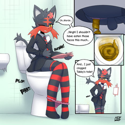 anthro clothing clothing_pull feces femboy genitals male panties panty_pull penis pooping text toilet toilet_bowl toilet_use underwear underwear_pull kittypeller nintendo pokemon fan_character generation_7_pokemon litten pokemon_(species) 1:1 english_text hi_res