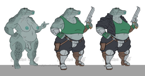 anthro armor balls belly belt big_breasts biped black_sclera bottomless bottomless_anthro bottomless_gynomorph bottomless_intersex bottomwear breasts clothed clothing facial_scar fangs finger_gun genitals gesture grey_body grey_skin gun gynomorph hand_gesture handgun holster intersex jacket leather leather_clothing leather_jacket leather_topwear lipstick makeup muscular muscular_anthro muscular_gynomorph muscular_intersex navel nipples nude overweight overweight_anthro overweight_gynomorph overweight_intersex pants pointing ranged_weapon revolver scar shirt simple_background slightly_chubby slightly_chubby_anthro smile solo spots standing tank_top teeth thick_thighs topless topless_anthro topless_gynomorph topless_intersex topwear weapon wide_hips yellow_eyes wittless-pilgrim beyond_good_and_evil_(game) beyond_good_and_evil_2 ubisoft alligator alligatorid crocodilian reptile scalie 2018 colored digital_drawing_(artwork) digital_media_(artwork) flat_colors hi_res multiple_images signature watermark