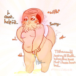 balls belly blush bodily_fluids breasts chest_tuft crying dialogue embarrassed female genital_fluids genitals knot omorashi overweight overweight_female peeing peeing_on_another penis shaking shivering small_balls small_penis tail tears text trembling tuft urine urine_pool fossildusk blushcrunch_studio dandy's_world roblox shelly_(dandy's_world) 1:1 english_text hi_res trans_(lore) trans_woman_(lore)