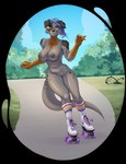 anthro blue_hair breasts casual_nudity clothing exhibitionism eyewear female floppy_ears footwear forearms fur glasses grey_body grey_fur hair midriff nipples nude outside park public public_nudity quad_skates raised_arm raised_forearm roller_skates smile socks solo katfishcom canid canine canis domestic_dog hybrid mammal mustelid otter alpha_channel hi_res