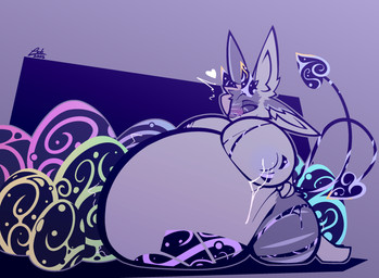 2_tails 4_ears after_oviposition anthro areola belly big_belly big_breasts black_sclera bodily_fluids breasts ear_tuft egg egg_pile female fur fur_markings hair hand_on_hip hand_on_own_hip heart_symbol horn huge_belly huge_breasts hyper hyper_belly hyper_breasts hyper_pregnancy kneeling lactating long_hair looking_down looking_down_at_self markings multi_ear multi_tail pregnant pregnant_anthro pregnant_female smile solo spade_tail spread_legs spreading tail thick_thighs tuft womb_tattoo conditional_dnp lodi_(artist) pepper_(snoodle) avali hybrid imp hi_res restricted_palette