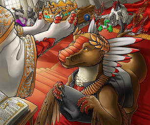 4_fingers anthro black_body brown_body brown_feathers brown_hair carpet clothing cross crown detailed_background feathers female feral fingers group hair hat headgear headwear horn hungarian kneeling male praying red_hair robe spread_wings tail text topwear vest white_body white_feathers wings yellow_eyes yellow_horn bicikliszelep mythology bicikliszelep_(character) james_(jamesthesergal) malkuta puppyluvv xeojack aquatic canid canine dinosaur dragon dromaeosaurid felid fish mammal mythological_creature mythological_scalie prehistoric_species reptile saurischian scalie sergal shark theropod 2026 6:5 absurd_res hi_res hungarian_text
