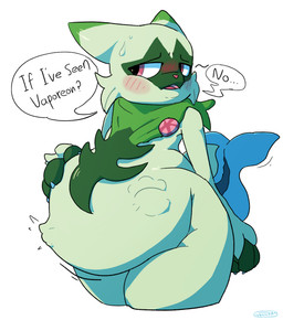 ambiguous_gender anal anal_vore belly big_belly blush blush_lines cheek_bulge dishonesty green_body haven't_seen_them huge_belly living_insertion looking_away motion_lines paw_imprint predator/prey simple_background soft_vore speech_bubble struggling struggling_prey text thick_thighs vore wide_hips 6saw789 nintendo pokemon eeveelution felid feline floragato generation_1_pokemon generation_9_pokemon mammal pokemon_(species) vaporeon 2024 digital_drawing_(artwork) digital_media_(artwork) english_text hi_res shaded signature