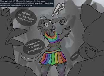 anthro beak body_stocking boss boss_and_employee bottomwear buckteeth canned_drink caught caught_in_the_act claws clothed clothing clubbing co-worker confusion corporate crop_top crossdressing crossdressing_male dancing dialogue ear_piercing exclamation_point eyelashes feline_ears feminine group male mohawk multicolored_clothing nightclub piercing question_mark rainbow_clothing raised_arms rat_ears shirt shocked skirt speech_bubble surprised teeth thought_bubble topwear trio boxofmonsters avian bird domestic_cat felid feline felis mammal murid murine rat rodent