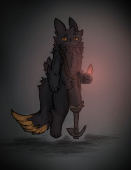 4_fingers ambiguous_gender amputee anthro bag bandage belt black_body black_fur claws dark_body dark_fur disability eyebrows fingers fur looking_at_viewer missing_leg multicolored_body multicolored_fur orange_eyes orange_sclera paws pegleg pickaxe plant raised_eyebrow satchel simple_background solo two_tone_body two_tone_fur darthnear casualties:_unknown expie_(gunsawian) gunsawian absurd_res hi_res