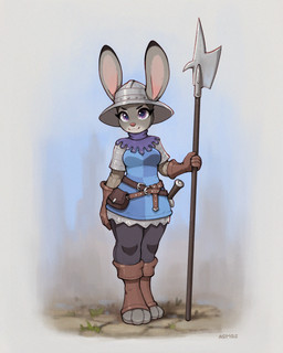 3_toes 4_fingers :3 anthro armor armwear belt belt_pouch big_pupils bill_(weapon) black_belt black_eyebrows blue_capelet blue_clothing boots breasts brown_belt brown_boots brown_clothing brown_footwear brown_gloves brown_handwear buckle capelet chainmail checkered checkered_clothing checkered_topwear closed_smile clothed clothed_anthro clothed_female clothing cobblestone countershade_face countershade_feet countershade_fur countershading dipstick_ears ear_markings earhole ears_up eye_markings eyebrows eyelashes fantasy feet female female_anthro fingers footwear front_view fur furgonomic_headwear furgonomics gloves green_grass grey_body grey_countershading grey_ears grey_fur grey_markings guard halberd handwear headgear helmet holding_halberd holding_melee_weapon holding_object holding_polearm holding_weapon kettle_helmet legwear looking_at_viewer markings medieval medieval_armor medieval_clothing melee_weapon mouth_closed multicolored_body multicolored_ears multicolored_fur pattern_clothing pattern_topwear pink_inner_ear pink_nose polearm pupils purple_eyes purple_pupils rabbit_ears shoes smile smiling_at_viewer solo stone_path sword text toeless_boots toeless_footwear toes topwear two_tone_body two_tone_fur weapon wide_hipped_anthro wide_hipped_female asimos disney zootopia judy_hopps european_rabbit lagomorph leporid mammal oryctolagus rabbit 2025 artist_name colored full-length_portrait hi_res portrait shaded