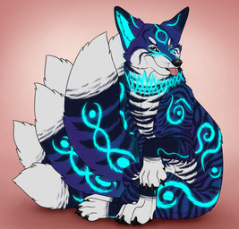 6_tails ambiguous_feral ambiguous_gender black_nose blue_body blue_fur blue_inner_ear_fluff blue_markings closed_smile dipstick_ears dipstick_tail ear_markings eyelashes feral fur inner_ear_fluff looking_at_viewer markings mouth_closed multi_tail multicolored_ears one_eye_closed purple_body purple_fur red_tongue simple_background sitting smile solo striped_legs striped_markings striped_tail stripes tail tail_markings tongue tongue_out tuft white_body white_eyes white_fur killthe_demon canid canine fox mammal hi_res