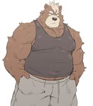 anthro black_nose bottomwear brown_body brown_fur clothing fur kemono male musclegut muscular overweight overweight_anthro overweight_male pants shirt simple_background solo tank_top topwear white_background mti777 bear mammal 2021 hi_res