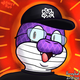 abstract_background anthro baseball_cap black_baseball_cap clothing eyewear glasses glistening glistening_eyes hat headgear headwear looking_at_viewer male markings orange_background pupils purple_body purple_scales red_background red_eyes scale_markings scales simple_background slightly_chubby snout solo symbol symbol_on_clothing white_body honeybud reptile scalie snake 1:1 hi_res
