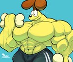 abs anthro biceps big_muscles big_pecs black_clothing bone brown_body brown_fur clothed clothing exercise fur holding_object huge_muscles hyper hyper_muscles lifting_weight looking_at_object male muscular muscular_anthro muscular_male pecs shirt solo topless topwear yellow_body yellow_fur unusualboo54 garfield_(series) odie_the_dog canid canine canis domestic_dog mammal 2022 absurd_res colored digital_drawing_(artwork) digital_media_(artwork) hi_res shaded