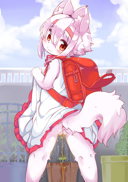 accessory anthro anus backpack big_eyes biped blush bodily_fluids butt clothed clothing clothing_lift dress dress_lift embarrassed female female_peeing fur genital_fluids genitals hair hair_accessory hairband inner_ear_fluff kemono loli looking_back outside peeing peeing_into_container pink_body pink_fur pink_hair plant randoseru red_eyes school_uniform short_hair solo student tuft uniform urine urine_stream vulva young young_anthro nyankone canid canine canis domestic_dog mammal 2015 censored hi_res mosaic_censorship