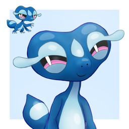 ambiguous_gender anthro blue_body blue_tail eyelashes looking_at_viewer markings mouth_closed narrowed_eyes purple_eyes simple_background smile smiling_at_viewer smirk smirking_at_viewer snout solo standing tail text additionalespeon333 nintendo pokemon pokemon_winds_and_waves gecqua generation_10_pokemon pokemon_(species) reptile scalie 1:1 2026 absurd_res artist_name colored digital_drawing_(artwork) digital_media_(artwork) hi_res shaded