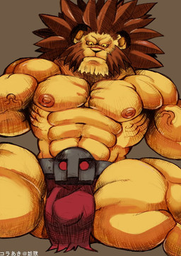 abs anthro barazoku biceps big_muscles bottomwear bulge clothed clothing kemono loincloth male muscular muscular_anthro muscular_male nipples pecs solo topless vein コラあき capcom red_earth leo_(red_earth) felid lion mammal pantherine digital_media_(artwork) signature source_request