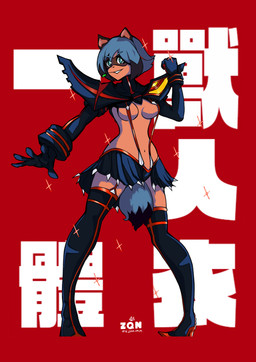 anthro black_hair blue_body blue_eyes blue_fur blue_hair breasts brown_body brown_fur clothed clothing cosplay crossover_cosplay female fluffy fluffy_tail fur hair multicolored_body multicolored_fur multicolored_hair navel solo tail funfundzwanzig brand_new_animal kill_la_kill studio_trigger michiru_kagemori senketsu canid canine mammal raccoon_dog tanuki 2020 absurd_res crossover hi_res