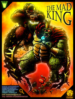 abs anthro asphyxiation barazoku barefoot barrel biceps bracelet cape choking claws clothed clothing crown fangs feet fur glowing glowing_eyes gold_(metal) gold_bracelet gold_jewelry green_body green_scales group gun hat headgear headwear jewelry king looking_down lying male muscular necktie on_ground on_side open_mouth pecs raised_arm ranged_weapon red_eyes royalty scales sharp_teeth shirt size_difference smile standing teeth text toe_claws tongue topwear triceps trio weapon dontaericeart donkey_kong_(series) nintendo diddy_kong donkey_kong_(character) king_k._rool ape crocodile crocodilian gorilla haplorhine mammal monkey primate reptile scalie detailed english_text hi_res url