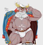 anthro beard body_hair bulge chest_hair clothing coat_cape facial_hair hat headgear headwear horn male musclegut muscular muscular_anthro muscular_male navel nipples pecs pipe pubes scar smoking solo underwear hieronimagnus lifewonders tokyo_afterschool_summoners ahab_(tas) bovid bovine mammal true_buffalo water_buffalo hi_res