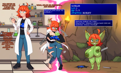 big_breasts big_ears bodily_fluids bottomwear breast_expansion breasts clothed clothed_female clothed_human clothing coat denim denim_bottomwear denim_clothing dialogue expansion female footwear fully_clothed fully_clothed_female fully_clothed_human gameplay_mechanics genital_fluids genitals green_body green_eyes green_skin hair huge_breasts humanoid_pointy_ears hyper hyper_breasts jeans lab_coat laboratory nude nude_female nude_humanoid pants pointy_ears reality_shift red_hair scientist shirt shoes short_stack short_stackification shrinking size_transformation solo species_transformation text text_box topwear transformation transformation_sequence vaginal_fluids vulva zorym sega sonic_the_hedgehog_(series) metal_sonic goblin human humanoid mammal english_text hi_res