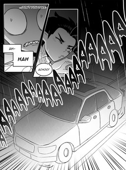 aged_up ahoge black_hair bruised bruised_neck car clothed clothing duo hair male not_furry raining scratch screaming sharp_teeth sneeze speech_bubble teeth text vehicle wounded inimoose invader_zim nickelodeon dib_membrane zim_(invader_zim) alien alien_humanoid human humanoid irken mammal comic digital_media_(artwork) english_text hi_res monochrome