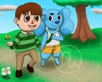 2019 3_toes 4_fingers 5:4 animal_crossing anthro artist_logo barefoot blue's_clues blue_(blue's_clues) blue_body blue_fur blue_nose blue_sky bottomwear brown_clothing brown_eyes brown_footwear brown_hair brown_shoes button_(fastener) canid canine canis clothed clothing cloud crossover day digital_drawing_(artwork) digital_media_(artwork) dirt_path domestic_dog dress_shirt duo eye_contact eyebrows feet female fingers flower fluffy fluffy_ears footwear fur grass green_clothing green_shirt green_tank_top green_topwear hair hand_holding hand_on_chest hand_on_own_chest hi_res human interspecies leaf logo long_sleeves looking_at_another male male/female mammal markings multicolored_clothing multicolored_shirt multicolored_tank_top multicolored_topwear nickelodeon nintendo no_pupils open_mouth orange_bottomwear orange_clothing orange_shorts pants path pattern_clothing paws pink_tongue plant pockets raised_foot red_nose shirt shoes short_hair shorts sky skywater smile smiling_at_each_other smiling_at_partner spots spotted_body spotted_fur steve_(blue's_clues) striped_clothing stripes tail tan_body tan_skin tank_top thick_thighs toes tongue topwear tree triangle_nose undone_shirt white_clothing white_flower white_shirt white_tank_top white_topwear wide_hips yellow_flower