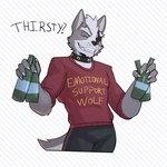 anthro beverage_bottle bottomwear choker clothing dialogue eye_patch eyewear fur grey_body grey_fur jewelry male necklace pants shirt slim smile snout solo topwear white_body white_fur jrjresq nintendo star_fox wolf_o'donnell canid canine canis mammal wolf 1:1 hi_res