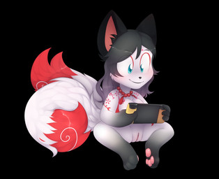anthro beaded_jewelry beaded_necklace beads big_eyes big_head big_tail black_background breasts chibi electronics female fluffy fluffy_tail front_view game_console gaming genitals happy holding_object jewelry necklace necklace_only nude pawpads paws playing_video_game shortstack simple_background sitting smile solo spread_legs spreading tail vulva marshmallow-ears nintendo nintendo_switch canid canine fox mammal digital_media_(artwork) shaded