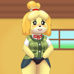 anthro black_clothing black_panties black_underwear bottomwear bow_panties bow_underwear camel_toe chibi clothed clothing clothing_lift female flashing_panties panties panty_peek panty_shot pencil_skirt presenting_panties presenting_underwear skirt skirt_lift solo underwear kumachi animal_crossing nintendo isabelle_(animal_crossing) canid canine canis domestic_dog mammal 1:1 absurd_res hi_res