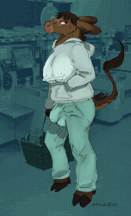 animal_genitalia anthro balls_outline banana bottomwear bulge clothing detailed_bulge eyewear food fruit genital_outline genitals glasses grocery_basket grocery_shopping grocery_store gynomorph intersex milk nipple_outline pants penis_outline plant public solo suspicious sweatpants sweatshirt drkside osi asinus donkey equid equine mammal absurd_res hi_res