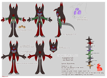 anthro black_body bottomless clothed clothing coat_tails cuffs_(clothing) description featureless_crotch female flat_chested green_eyes horn jacket jacket_only markings multi_eye nude palette purple_sclera red_markings segmented_tail solo text topwear topwear_only toxicko sega sonic_the_hedgehog_(series) evangeline_fate black_arms_(sonic) english_text hi_res