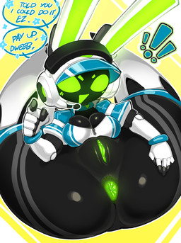 5_fingers anthro anus armor big_breasts big_butt black_body black_breasts black_butt blue_text blush breasts butt cleavage cleavage_overflow clothed clothing electronics exclamation_point eyebrows female fingers flexible genitals gesture glistening glistening_anus glistening_breasts glistening_genitalia glistening_vulva glowing glowing_anus glowing_blush glowing_eyebrows glowing_eyes glowing_genitalia glowing_mouth glowing_vulva green_anus green_blush green_eyebrows green_eyes green_inner_ear green_mouth green_vulva hand_gesture headgear headphones headset helmet huge_butt humanoid_genitalia humanoid_vulva jumpsuit legs_behind_head legs_up long_ears lying machine medium_breasts on_back open_mouth open_smile outline_speech_bubble pointing pointing_at_viewer presenting presenting_hindquarters screen screen_face sitting smile solo speech_bubble talking_to_viewer text thick_thighs tight_clothing vulva white_ears wide_hipped_female wide_hips goatboydraws project_turboblast tempo_(project_turboblast) lagomorph leporid mammal rabbit robot robot_anthro 2025 digital_media_(artwork) english_text hi_res