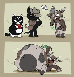 abdominal_bulge anthro anthro_pred anthro_prey beer_bottle before_and_after belly belly_on_ground big_belly biped black_body black_fur bodily_fluids bottle buckteeth cactus clothing container desert dice drunk eye_injury fur grey_body grey_fur group hat headgear headwear huge_belly male markings multiple_prey navel nervous open_mouth outside plant pose question_mark rumbling_stomach sitting soft_vore spots spotted_body spotted_fur standing substance_intoxication sweat tail teeth tongue trio vore white_body white_fur pawplants mewgenics gambit_(mewgenics) trampy_(mewgenics) zodiac_(mewgenics) domestic_cat felid feline felis mammal tuxedo_cat 2026 colored comic digital_drawing_(artwork) digital_media_(artwork)