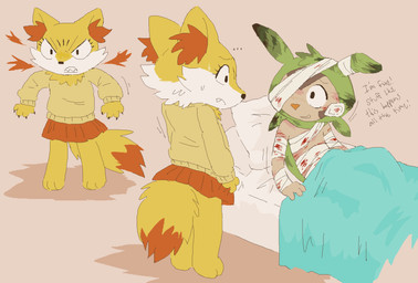ambiguous_gender angry anthro bandage bandaged_arm bandaged_belly bandaged_chest bandaged_head barefoot bed bedding blanket blood bodily_fluids bottomwear burn_mark burn_scar claws clothed clothing dialogue duo ellipsis eyelashes fangs feet female fire fluffy fluffy_tail frown fur furniture hindpaw on_bed paws pillow scar sharp_teeth simple_background sitting sitting_on_bed skirt smile standing sweat sweater tail teeth text toony topwear wounded yellow_body yellow_fur lynxfurr nintendo pokemon starters_(movieunleashers) chespin_(starters) fennekin_(starters) canid canine chespin fennekin fox generation_6_pokemon mammal pokemon_(species) absurd_res comic digital_media_(artwork) english_text hi_res