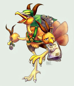 ambiguous_gender backpack biped bipedal_feral brown_body brown_feathers clothing feathers feral hat headgear headwear micro_calves micro_legs micro_thighs newspaper simple_background solo thin_calves thin_legs thin_thighs white_background haychel nintendo pokemon dodrio generation_1_pokemon pokemon_(species) digital_media_(artwork)