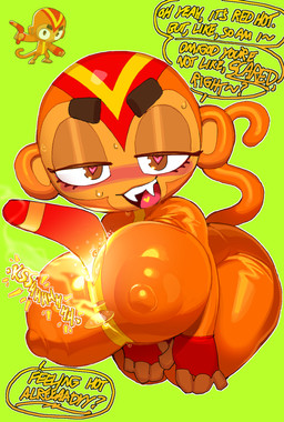 anthro bedroom_eyes big_breasts blush bodily_fluids boomerang breasts brown_body brown_fur burning_clothes clothing dialogue fangs female fingerless_gloves fur glistening glistening_breasts gloves green_background half-closed_eyes handwear heart_eyes heart_symbol hot_dogging_through_clothing looking_at_viewer narrowed_eyes nipple_outline open_mouth red_hot_metal seductive simple_background skinsuit solo speech_bubble sweat sweatdrop tail talking_to_viewer taunting teeth text tight_clothing goatboydraws bloons_tower_defense ninja_kiwi boomerang_monkey_(bloons) haplorhine mammal monkey primate english_text hi_res
