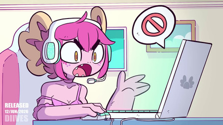 anthro black_eyebrows blush blush_lines bra breasts brown_pupils cartoon_freckles cleavage clitoral_hood close-up clothed clothing collarbone computer computer_mouse electronics eyebrows female female_anthro fin first_person_view freckled_face freckles genitals hair head_fin headphones laptop livestream low-angle_view midriff navel no_underwear non-mammal_breasts orange_eyes pink_hair pink_vulva pupils sharp_teeth sitting small_waist spats teeth teeth_showing text text_on_clothing thick_eyebrows thick_thighs underwear vulva yelling diives sound_warning celadon_(va) vtuber vitzy_(vitzypie) amphibian aquatic axolotl mole_salamander salamander 16:9 2026 2d_animation animated digital_media_(artwork) hi_res short_playtime sound video voice_acted watermark widescreen