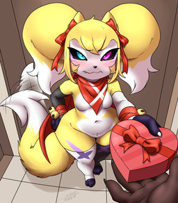 ambiguous_gender anthro barely_visible_genitalia barely_visible_vulva bell blush bow_ribbon box_of_chocolates breasts candy chocolate clothing cute_fangs dark_sclera dessert duo embarrassed facial_markings fangs featureless_breasts female female_focus food forked_tail genitals gloves handwear head_markings heart_box heterochromia high-angle_view holding_object holidays horn kerchief leg_markings legwear looking_at_viewer markings neckerchief neckwear open_toe_stockings ribbons scarf shortstack shortstack_female solo_focus stockings tail tail_motion tailwag teeth unusual_anatomy unusual_tail vulva wraps wrist_wraps furball bandai_namco digimon valentine's_day genji renimpmon renimpmon_x canid canine demon fox imp mammal hi_res