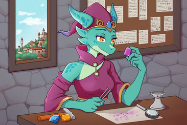 anthro blue_body blue_scales breasts city city_background clothing cork_board dust exposed_shoulder female forceps gem hammer hat headgear headwear horn jeweler jewelry magnifying_glass medical_instrument midriff oversized_clothing paper purple_clothing scales scientific_instrument solo surgical_instrument tools tweezers window working meelsyse yumiix azura_(golddrake) kobold scalie
