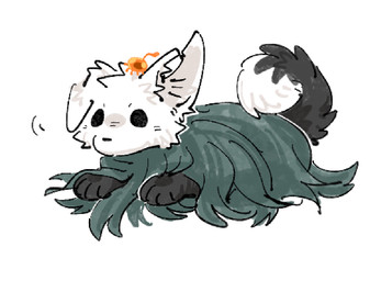 ambiguous_gender black_body black_eyes black_fur clothing empty_eyes feral fluffy fluffy_tail fur lying on_front on_ground paws quadruped simple_background solo tail white_background aaasakawa hollow_knight_(franchise) team_cherry broken_vessel_(hollow_knight) canid canine mammal