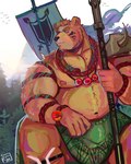 anthro belly brown_body brown_fur cute_fangs detailed_background fangs fur humanoid_hands male moobs nipples outside overweight overweight_male plant solo teeth tree ruslorc bear mammal 2021 hi_res