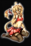 5_fingers anthro black_background black_lips blonde_hair bottomwear clothed clothing crossdressing femboy fingers garter_straps green_eyes hair kneeling legwear lips male midriff navel pink_nose simple_background skirt smile solo stockings rikitoka felid lion mammal pantherine