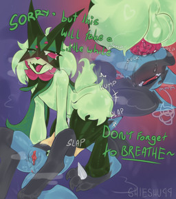 animal_genitalia animal_penis anthro anthro_on_anthro blue_body blush bodily_fluids duo eye_roll facesitting fellatio female flower_(anatomy) forced forced_oral genital_fluids genitals green_body hand_grab hips_grab holding_with_foot humanoid_genitalia humanoid_vulva knot knotted_penis looking_at_another lying male male/female messy multicolored_body on_another on_back oral penile penis pink_penis pink_vulva pressed_against sex short_tail sitting_on_another slap smile smiling_at_another tail tired vaginal_fluids vulva shieshuqqq nintendo pokemon generation_4_pokemon generation_9_pokemon lucario meowscarada pokemon_(species) hi_res