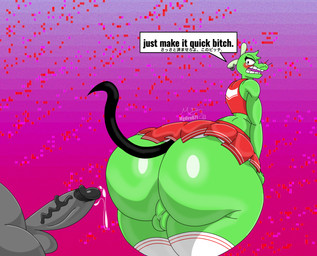anthro balls big_butt big_penis blush bodily_fluids bubble_butt butt cheerleader cheerleader_outfit clothing dialogue dripping duo ear_piercing eyelashes eyeshadow femboy fur genital_fluids genitals green_body green_fur hi_re huge_butt huge_penis legwear makeup male male/male mascara penis piercing precum precum_drip profanity tail text thick_thighs vein veiny_penis wide_hips mgdire671 fitzboi mouse_fitzgerald mammal mouse murid murine rodent english_text hi_res japanese_text