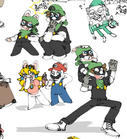 5_fingers anthro belly bent_arm bent_legs black_clothing black_facial_hair black_mask black_mustache black_overalls black_shirt black_topwear blonde_hair blue_clothing blue_ear_piercing blue_eyes blue_overalls bottomless bottomless_anthro bottomless_female bottomwear brown_hair buckteeth button_(fastener) cellphone clothed clothed_anthro clothed_female clothed_human clothed_male clothing covering covering_mouth crouching crown dialogue electronics empty_eyes eye_contact eye_through_hair facial_hair featureless_crotch featureless_legs female female_anthro fingers fist footwear freckled_face freckles fully_clothed fully_clothed_anthro fully_clothed_human fully_clothed_male fur gem gloves green_clothing green_hat green_headwear grey_clothing grey_gloves grey_handwear group hair hand_behind_head hand_on_own_head hand_pawpads handwear happy hat headgear headwear holding_cellphone holding_object holding_phone holding_plushie holding_smartphone larger_human larger_male laughing_at laughing_at_another long_ears long_hair looking_at_another male male_anthro male_human mitten_hands multicolored_body mustache noseless open_mouth open_smile overalls pants pawpads phone pink_tongue plushie pupils red_clothing red_hat red_headwear sapphire_(gem) shirt shirtless_anthro shirtless_male shoes short_hair sideways_hat simple_background sitting sitting_on_another sitting_on_shoulders size_difference smaller_anthro smaller_female smaller_male smartphone smile sneakers speech_bubble standing straight_leg tan_belly tan_body tan_inner_ear tan_pawpads tan_skin teal_bottomwear teal_clothing teal_headwear teal_nightcap teal_pajamas teal_pants teal_shirt teal_topwear teeth text tongue tongue_out tooth_gap toothy_smile topwear translucent translucent_hair two_tone_body white_background white_body white_clothing white_eyes white_footwear white_fur white_pupils white_shoes white_skin white_sneakers bam_ml mario_bros mario_plus_rabbids_kingdom_battle nickelodeon nintendo paper_mario raving_rabbids rayman_(series) spongebob_squarepants ubisoft luigi mr._l rabbid_luigi rabbid_mario rabbid_peach spongebob_squarepants_(character) aquatic human lagomorph mammal rabbid sea_sponge 2023 colored crossover digital_drawing_(artwork) digital_media_(artwork) korean_description korean_text multiple_images shaded translation_request