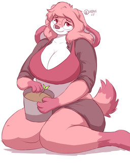 4_fingers anthro big_breasts bottomwear breasts cleavage clothed clothing dipstick_ears dipstick_tail ear_markings eyebrows eyewear female fingers fur glasses gloves_(marking) hair happy holding_object kneeling leaf leg_markings looking_at_viewer markings multicolored_body multicolored_ears multicolored_fur pink_body pink_fur pink_hair plant plant_pot potted_plant red_eyes shirt shorts simple_background socks_(marking) solo tail tail_markings topwear wearing_glasses white_background hidenafox lagomorph leporid mammal rabbit 4:5 absurd_res hi_res shaded