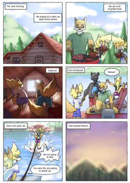 anthro blonde_hair blue_eyes clothed clothing cloud dialogue eyewear female food glasses group hair male meat speech_bubble tail text trio young young_anthro young_female young_male galo henry_(tycloud) tammy_(tycloud) tycloud canid canine fox mammal absurd_res comic english_text hi_res cousins_(lore)