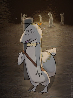 ambiguous_gender anthro bow_tie cave dancing gesture grey_body open_mouth screencap screencap_background smile smiling_at_viewer solo standing text waving rockpankake hrot amphibian newt salamander 2026 3:4 digital_media_(artwork) english_text hi_res